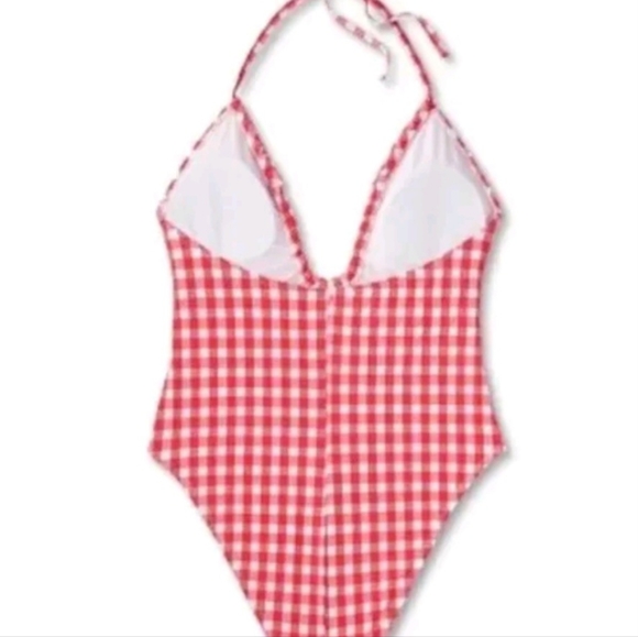 Wild Fable Womens Swimsuit Red Gingham Plaid Cross Halter High Leg - Picture 2 of 7